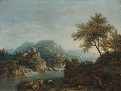 Flusslandschaft mit Figuren und einem Esel von Giovanni Battista Cimaroli